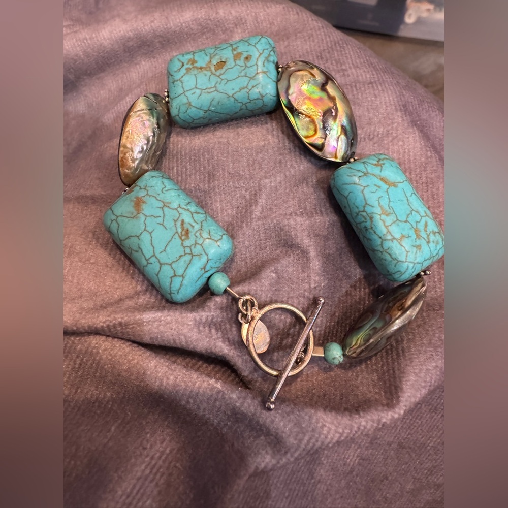 Donna Dressler Turquoise and Abalone 925 Sterling Silver Toggle Bracelet